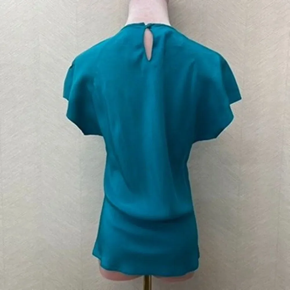 Silk Studio Petite By Claude Bennett Flutter Sleeve Teal Silk Top Womens Size XS